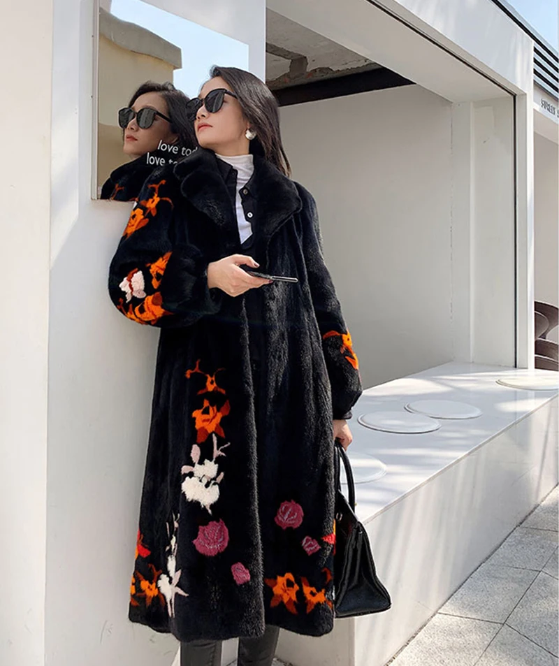 Ftangaiur Winter Import Velvet Mink Fur Coat Print Turn-Down Collar Mink Coat Women's X-Long Natural Real Mink Fur Coats