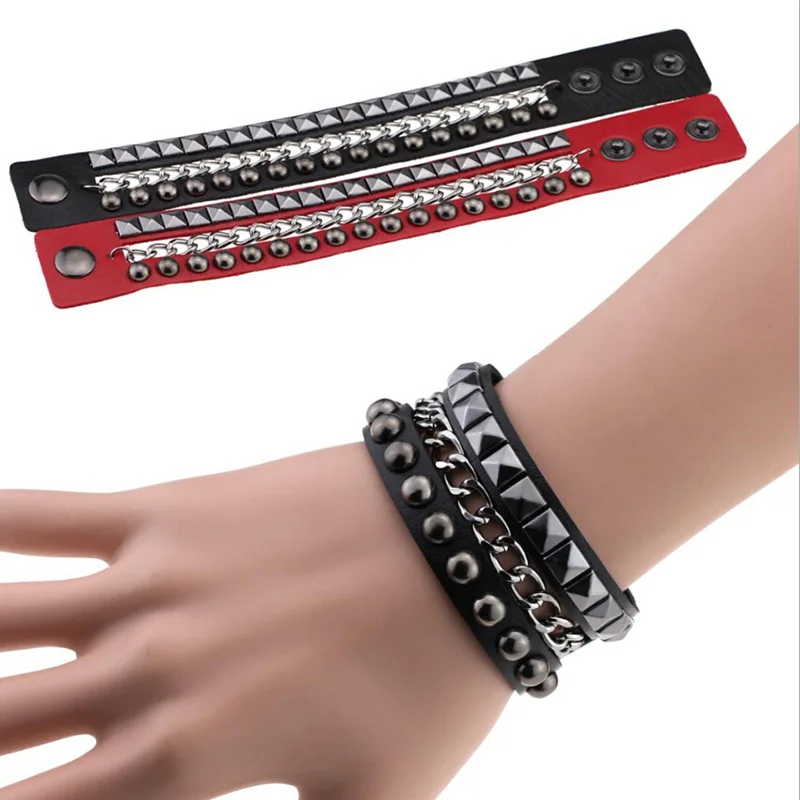 Multilayers Rock Spikes Rivet Chains Gothic Punk Wide Cuff Leather Bracelet Bangle Fashion Men Bracelets Jewelry 2 Colors