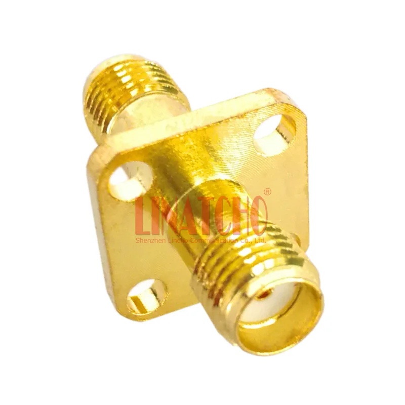 50Ohm Golden Color SMA Female to SMA Female Flange 4 Fixing Holes Connector Adapter