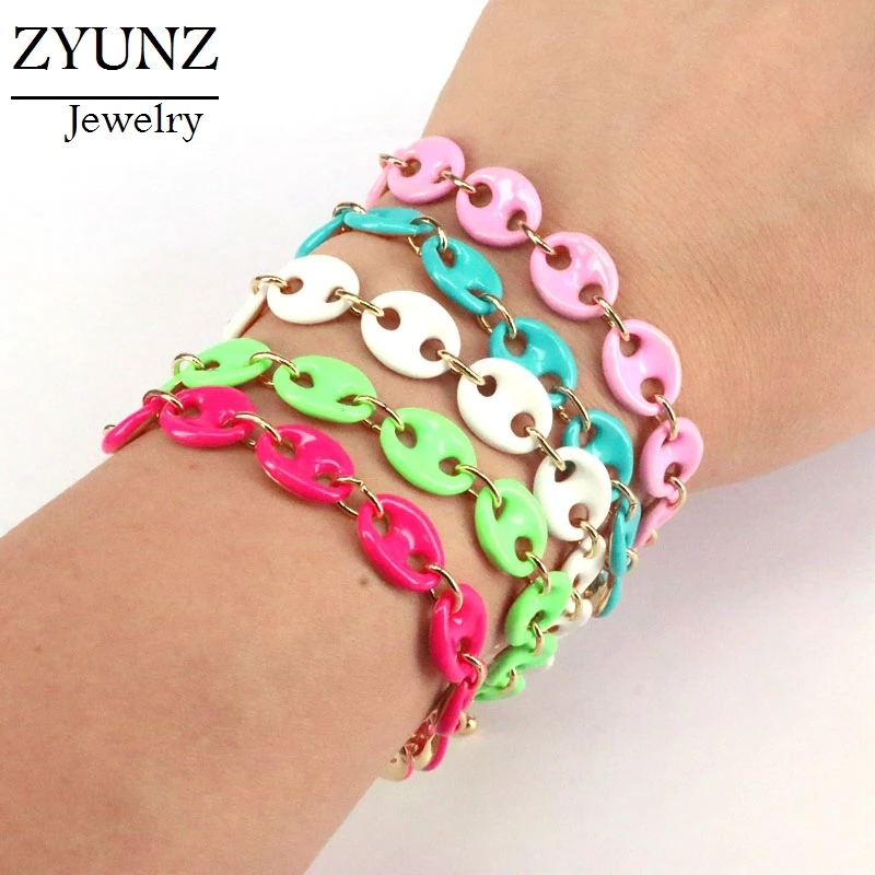 

4PCS, Colorful Women Bracelet Geometric Neon Enamel Mask Shaped Link Chain Bracelets 2020 Copper Jewelry