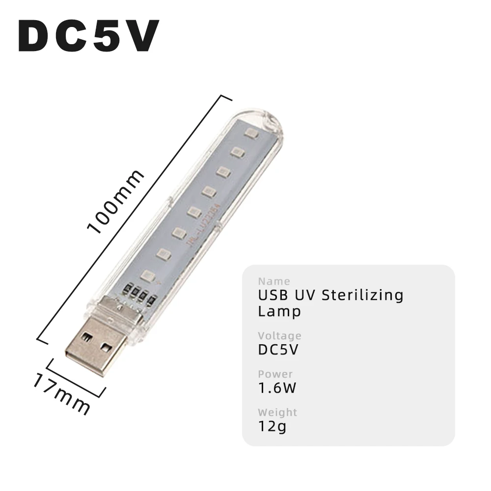 Shortwave LED USB Ultraviolet Lamp 8LEDs Portable UVA Sterilizing Lights Mini UV Disinfection Lamp DC5V Germicidal Light