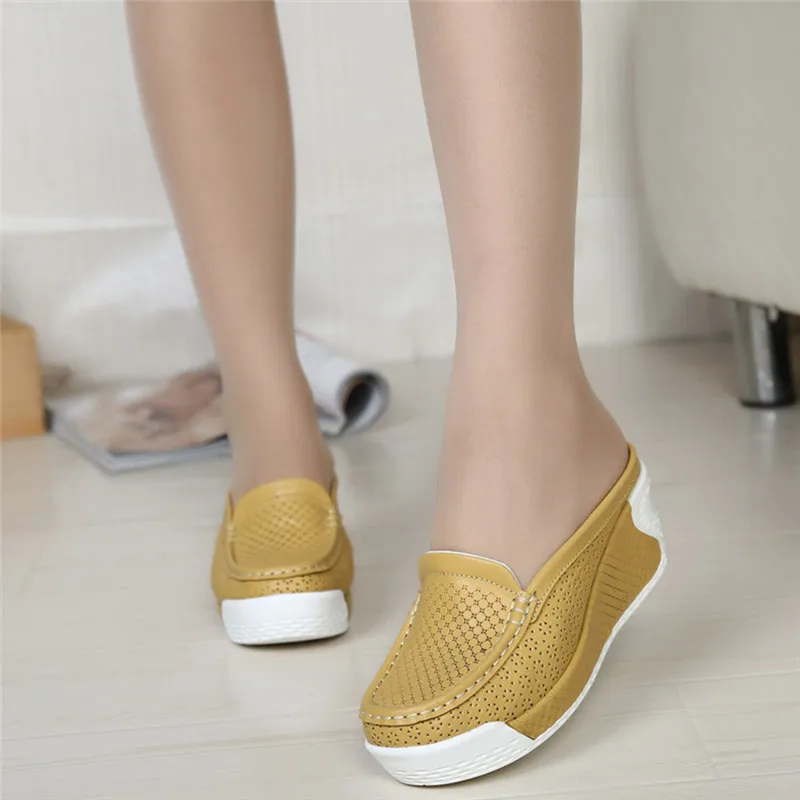New Style Genuine Leather 12cm Heel Height Increasing Hollowed Slip On Women Thick Platform Wedges High Heel Slippers V6
