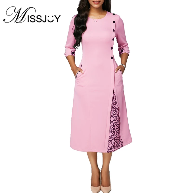 

MISSJOY Elegant Office 2019 Autumn Three Quarter Sleeves Patchwork Plaid Button Pocket Plus Size Midi Dress Women S-5XL Party