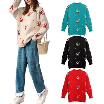 

Winter Women Cartoon Deer Pattern Long Sleeve Mock Neck Loose Knitted Sweater