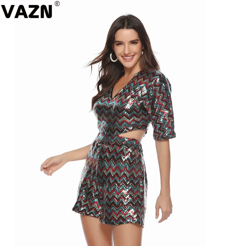 Многоцветный VAZN Color Print Slim Bodycon Short Pants Sexy Women Playsuits Tide V-Neck Long Sleeve Tracksuits Short Romper - Цвет: Многоцветный