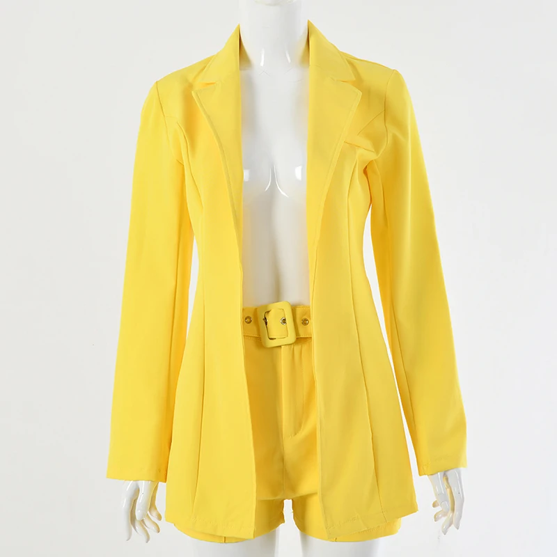 Yellow Наряды, розовый блейзер, костюм, топ и шорты, 2 предмета, комплект с поясом, Осень-зима, женская уличная одежда, пальто, куртка, комплекты для офиса GV993 - Цвет: Yellow