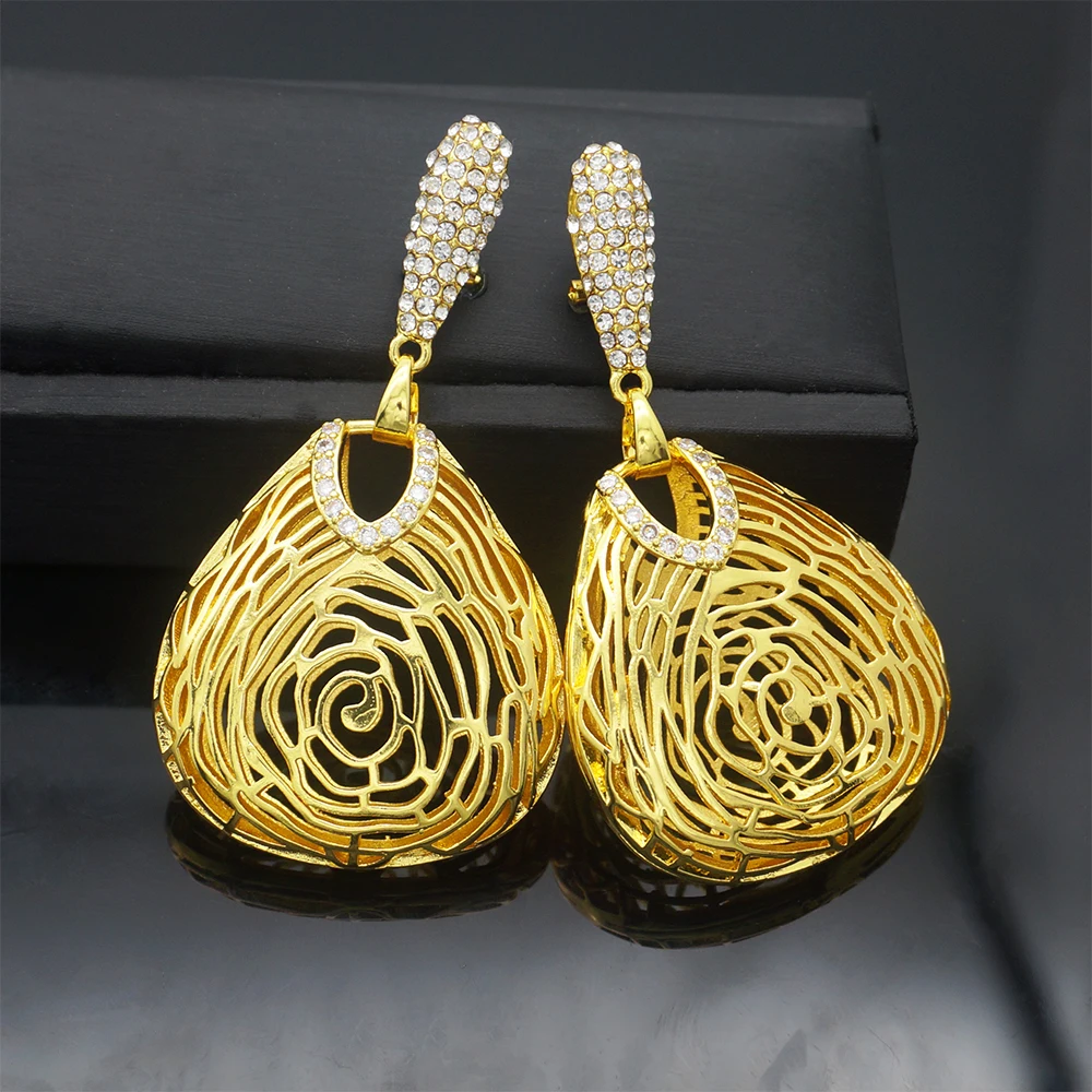 

hollow out COPPER Drops Dangle Earrings Trendy Cubic Zircon Wedding Engagement Party Indian gold earrings for women