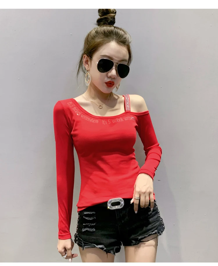 2020 Autumn New women tops Fashion long sleeve sexy off the shoulder women t-shirt hot drilling Elegant slim women clothing