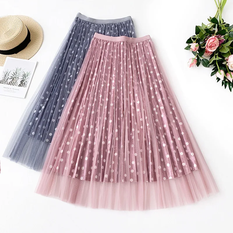 

AcFirst Autumn Pink Green Women Fashion Mesh Dots Skirts Sexy Women High Waist Preppy Style Pleated Mid-Calf Length Skirts