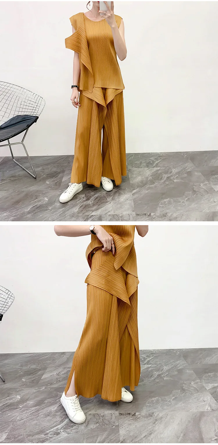 Miyake складывающийся костюм весна, необычный Топ, повседневные Прямые брюки двухсекционная Высококачественная женская одежда clothes платье юбка платья для девочек эльза
