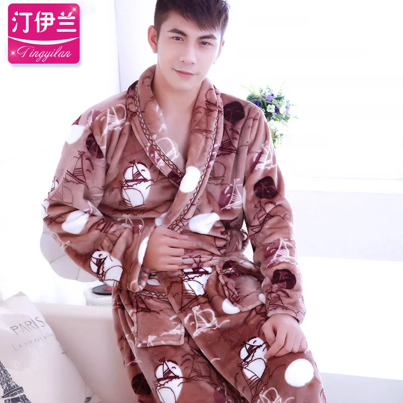 mens fleece pajama pants Men Winter Warm Flannel Robe Nightwear Thick Kimono Bathrobe Male Printed Flowers Sleepwear Home Soft Coral Fleece Dressing Gown men's pajama sets Men's Sleep & Lounge