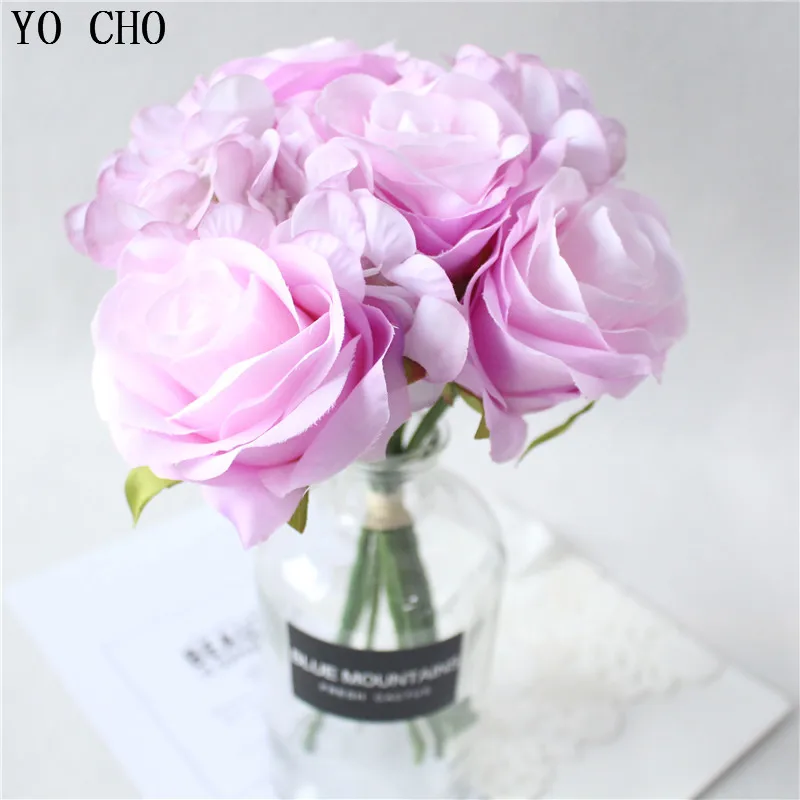 YO CHO 7Heads Silk Roses Wedding Bouquet Artificial Flower Mini Silk Flowers Autumn Farmhouse Home Decor Rose Wedding Decoration