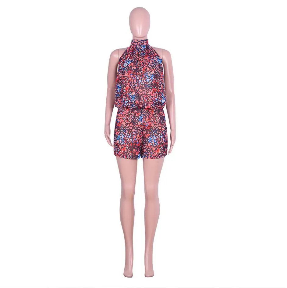 Короткие комбинезоны в горошек с принтом Tie Dye, с высокой талией,, повседневные пляжные женские комбинезоны с воротником через шею, с открытой спиной, без рукавов, J5044G - Цвет: Многоцветный