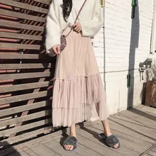 Moda feminina/юбка с завышенной талией однотонная плиссированная Женская одежда в стиле пэчворк из сетчатой ткани до середины икры в стиле ампир; милая стильная весенне-осенняя одежда