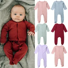 Однотонный комбинезон с длинными рукавами для новорожденных мальчиков и девочек, комбинезон, весенне-осенняя одежда для сна для младенцев, мягкая Домашняя одежда, одежда