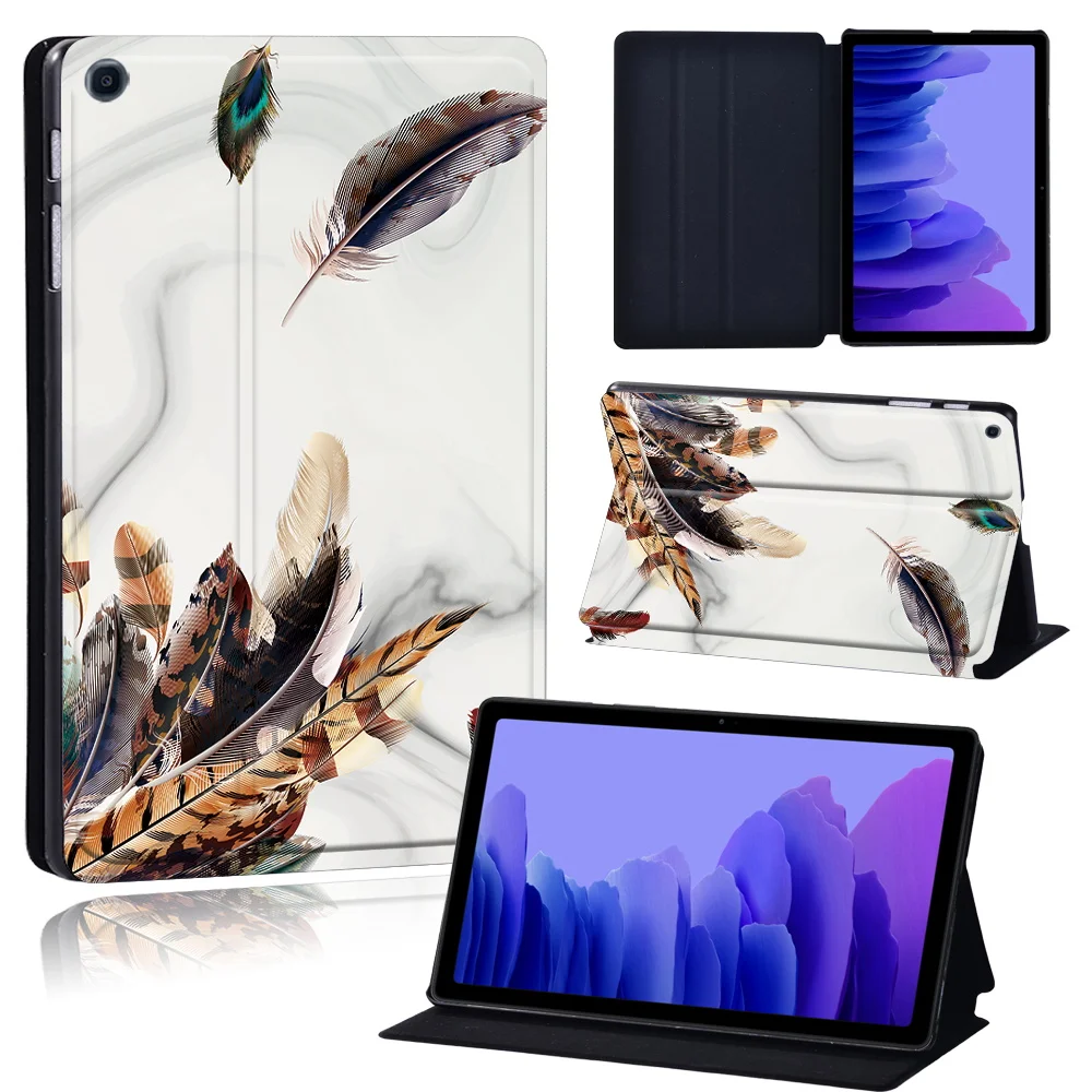 Tablets Case for Samsung Galaxy Tab A7 10.4 Inch 2020 T500/T505 Printed Feather PU Leather Tablet Stand folio Cover+ Free Stylus