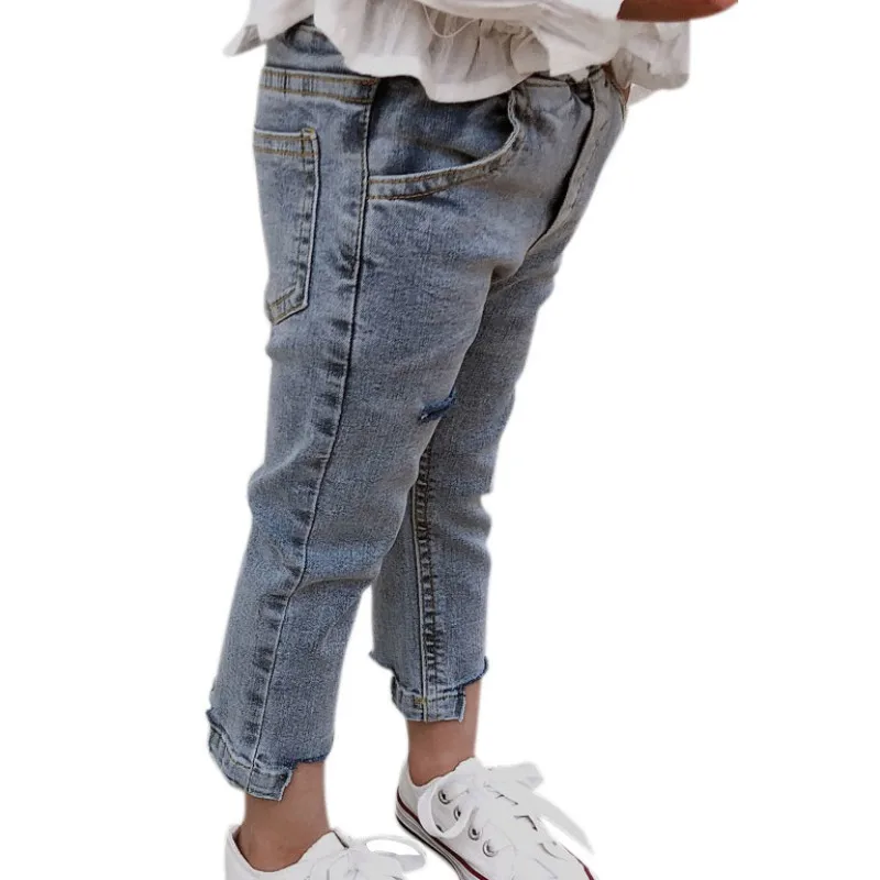 Модные детские штаны с эластичной резинкой на талии для маленьких девочек, рваные джинсовые штаны