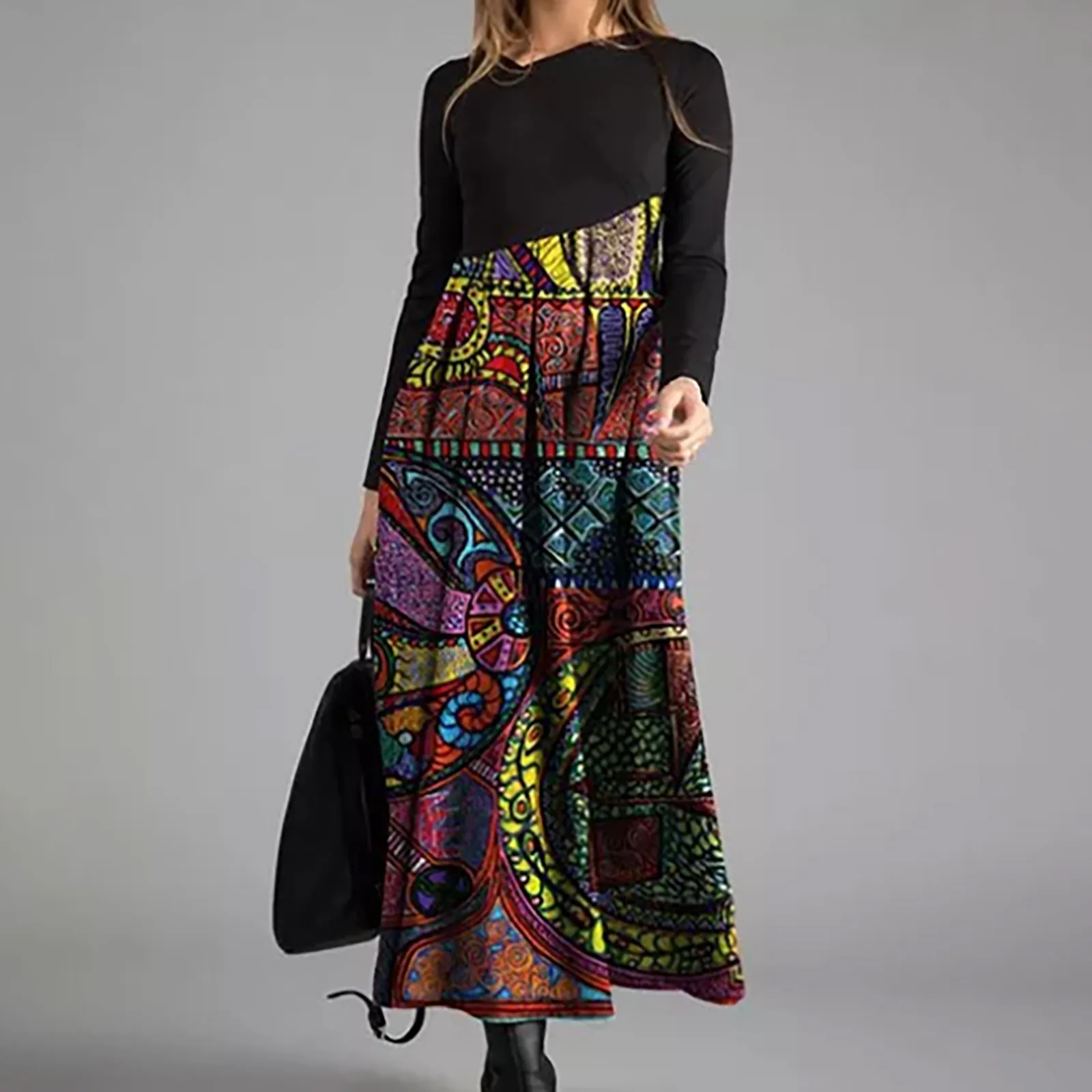 Females Casual Vintage Slim Long-sleeved Dress Long Bohemian Printed Dress Women's Round Neck Loose Slim Vestido Autumn Winter 1