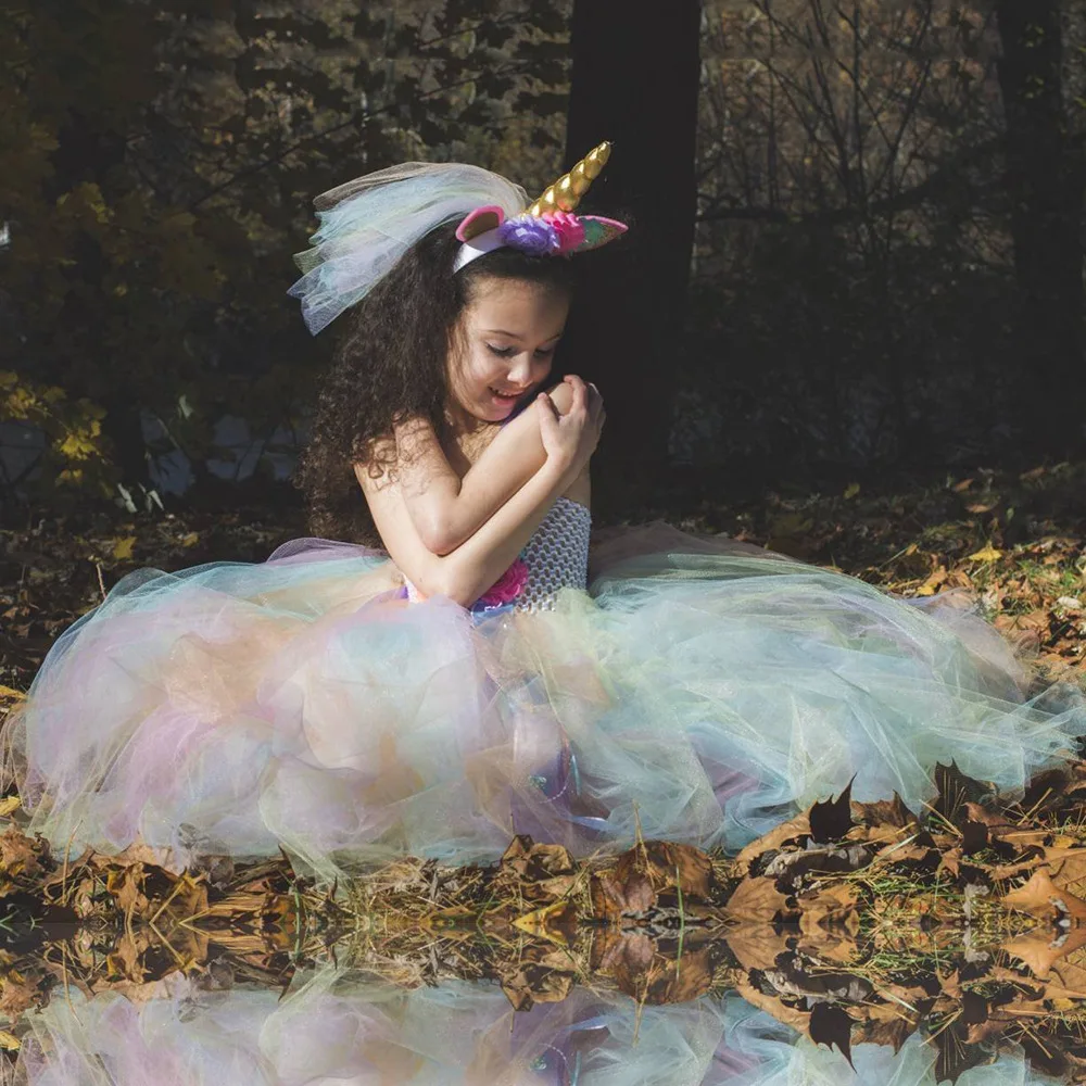 Halloween Unicorn Cosplay Tutu Dress Girl Princess Dress Child Banquet Evening Dress Wedding Flower kids