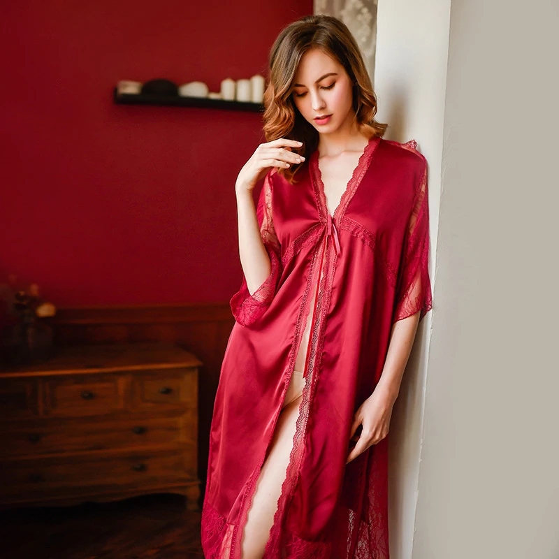 Sexy Mousse Sleep wear Bath robe Red Stain lace silk Sexy bride robe Long House robe Wedding night wear Fluffy robe comfortable