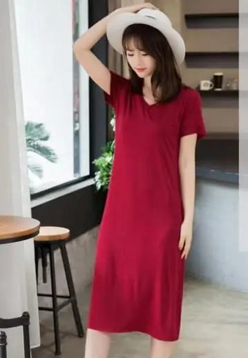 Fdfklak Modal Comfortable Sleepwear Women Night Shirt New Short Sleeve Long Dress Spring Summer Nightgowns Female Sleepshirt wine red