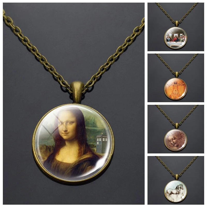 Collar de pinturas de Leonardo Da Vinci, Mona Lisa, la última cena, collar cadena de bronce Vintage de estatua de caballo para mujer - Joyería y accesorios