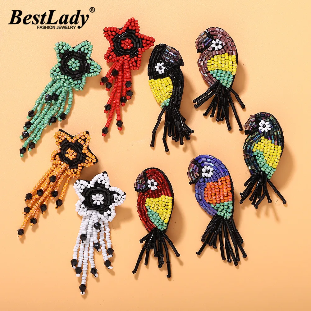 

Best lady Bead Flower Bird Drop Earrings for Women Wedding Boho Fringed Plant Girls Gifts Handmade Statement Earring Accessories
