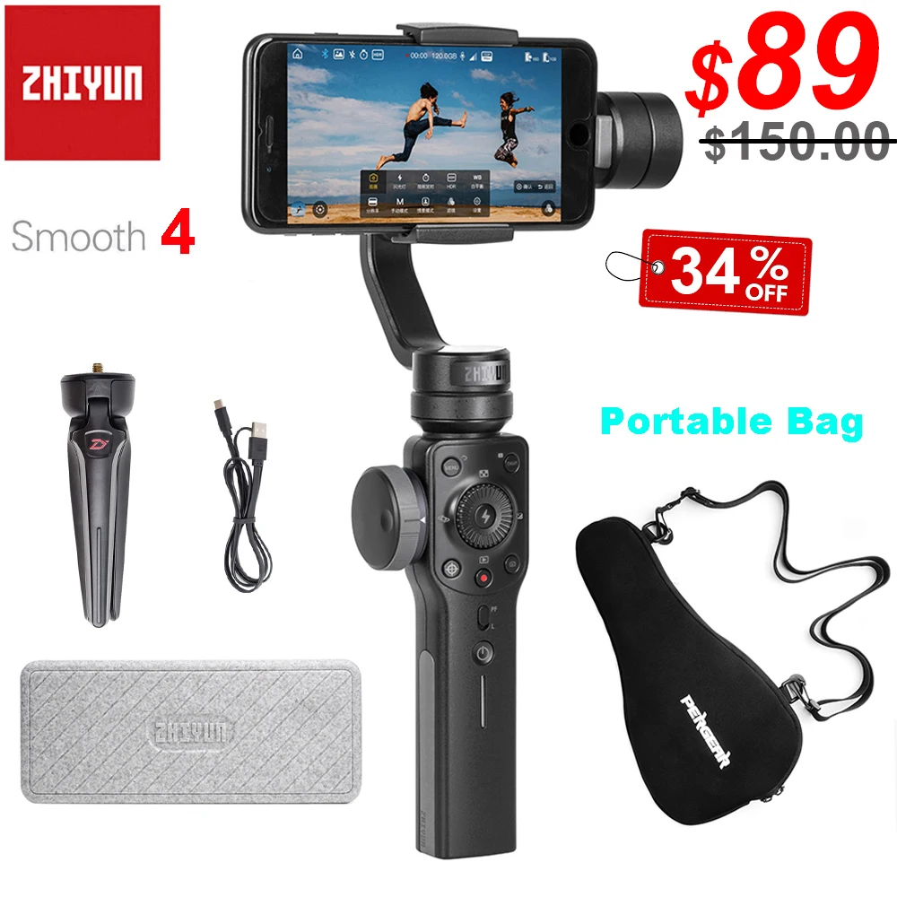 Zhiyun Smooth 4 3-Axis Handheld Smartphone Gimbal Stabilizer for iPhone 11 Pro XS X SE 8P 8 Samsung S10 S9 S8 Portable Bag Case