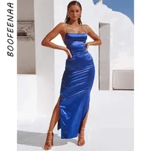 BOOFEENAA атласные шелковые элегантные пикантные вечерние платье Для женщин Спагетти ремень с открытой спиной Разделение облегающий Макси платья C70-AB54