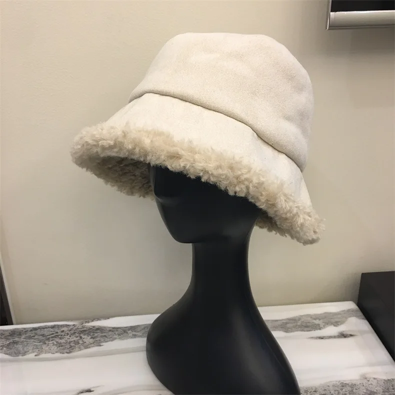 Зимняя шапка из овечьей шерсти и замши для женщин и девочек, Толстая теплая однотонная модная Панама из искусственного меха, шапка в рыбацком стиле для путешествий, Harajuku