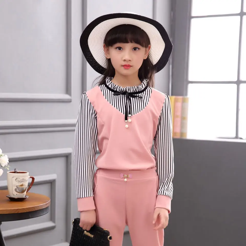 New Fashion 2pcs Baby Girls Kids Clothes Set Spring Autumn Long Sleeve Bow Tie Striated Coat+Pants Oufits Clothes Set 4-12Y