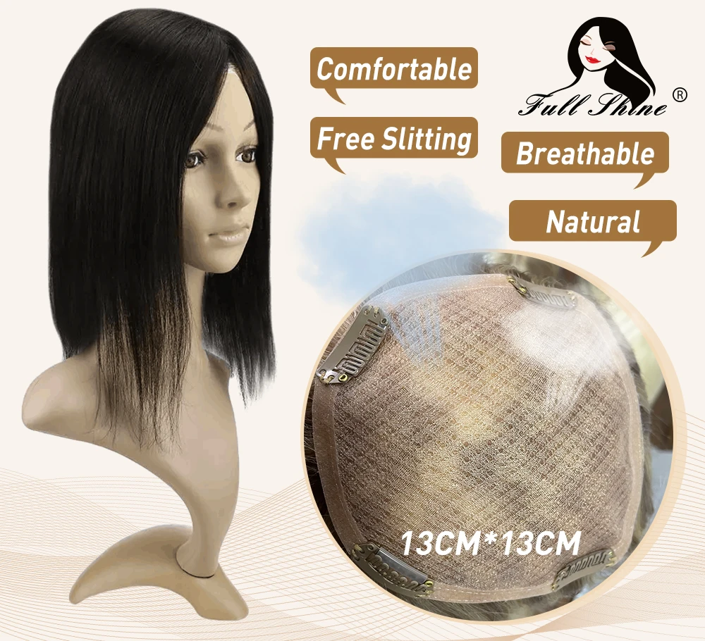 Peça com Clipes Base para a Mulher Completo Brilho Cabelo Topper Ombre 13*13cm Máquina Naturalmente Confortável 100% Coroa Respirável Mono 7 naturalmente confortável peça com clipes 100% coroa
