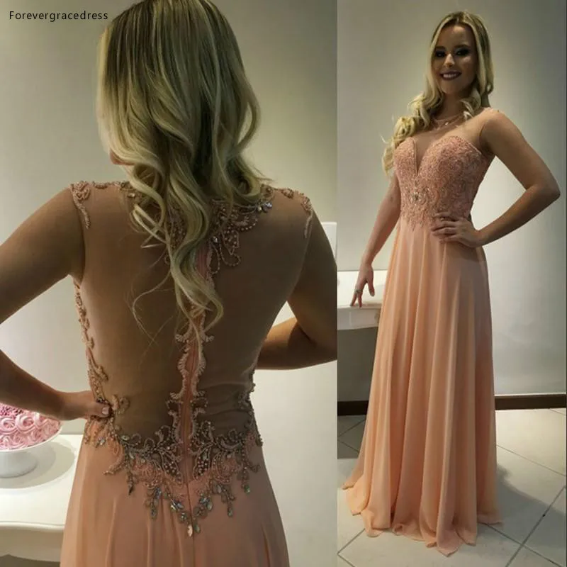 

2019 A Line Crew Neck Prom Dress Peach Sheer Backless Appliqued Pageant Formal Holiday Wear Party Gown Custom Made