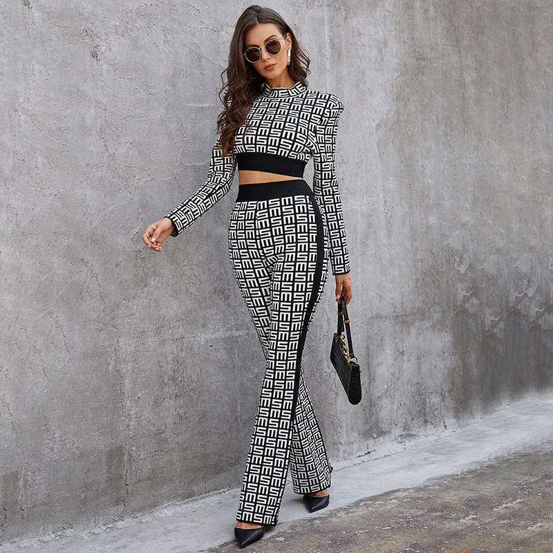 Rocwickline New Autumn & Winter Women's Jumpsuits Sexy & Club Print Turtleneck Puff Sleeve Slim Bandage Elegant Formal Jumpsuits