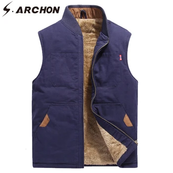 

S.ARCHON Winter Fleece Cargo Vest Coat Men Cotton Sleeveless Waistcoat Military Vest Warm Outwear Casual Heated Vests Big Size