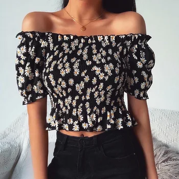 

Black sunflower blouse shirt women tops and blouse 2020 summer off shoulder crop tops female ruffle beach boho blouse shirt
