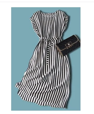 Новое Летнее шелковое черно-белое платье средней длины в Вертикальную Полоску с отворотами - Цвет: Многоцветный