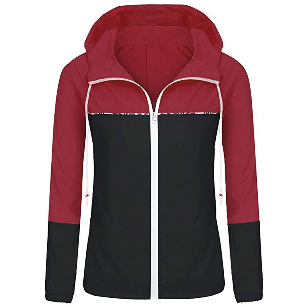 

Women Long Sleeve hoodies jacket Patchwork Thin Sweatshirt Zipper Casual Sport Coat Hooded women's windbreaker bomber jacket