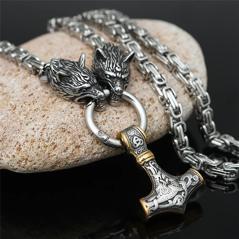 Viking Thor's Hammer Mjolnir Hanger Dubbele Kleur Wolf Hoofd Ketting, Mannen Roestvrijstalen Byzantijnse Koning Ketting, Noorse Mythologie Odin Fenrir Crow Totem Sieraden