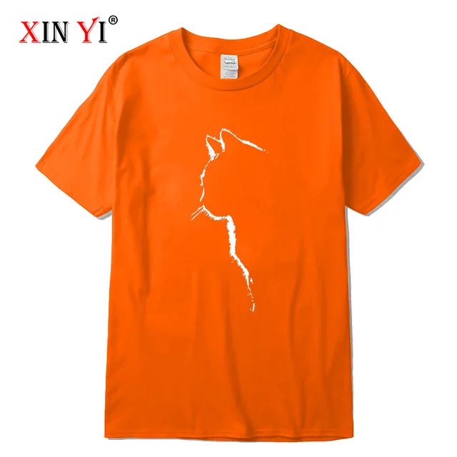 XINYI Men's T-shirt Top Quality 100% cotton short sleeve cool cat print casual loose men t shirt o-neck t-shirt men tee shirts Orange-2018312