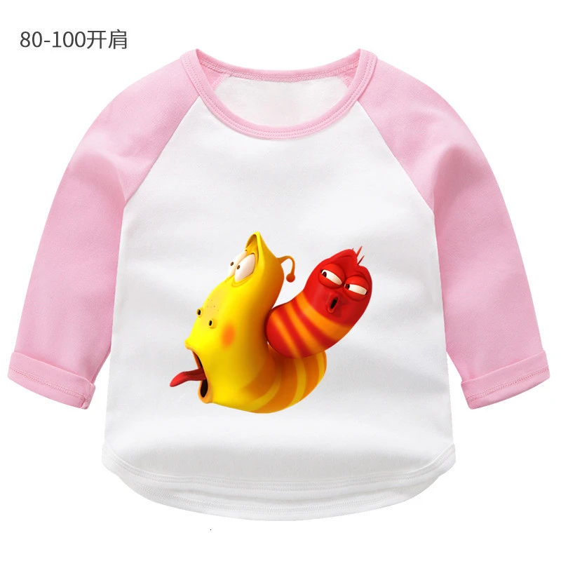 wholesale Animation Larva Summer O-Neck PRINT Tops Boys Girls splice color Long sleeve Children Cartoon T shirt Baby - Color: as picture