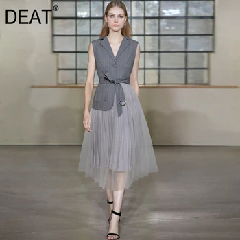 

DEAT 2020 new summer V-neck sleeveless patchwork patchwork gray color asymmetrical high waist Belt female vestido WM89602L
