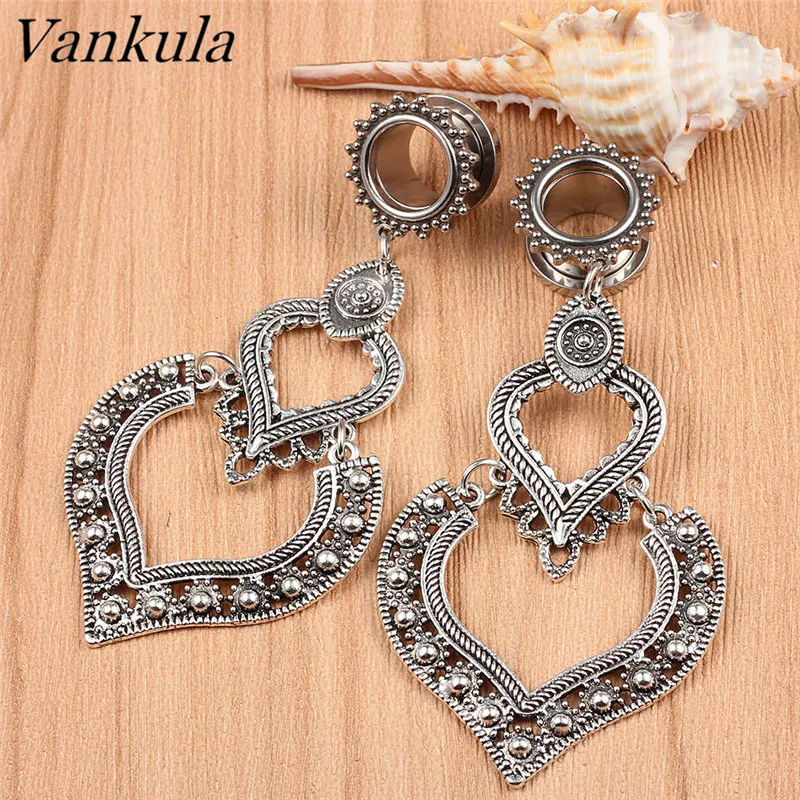 Vankula, 2 шт., двойное сердце, болтаются, затычки для ушей, расширитель, туннельные пробки, нержавеющие, для ушей, носилки, подвеска, пирсинг, ювелирные изделия для тела