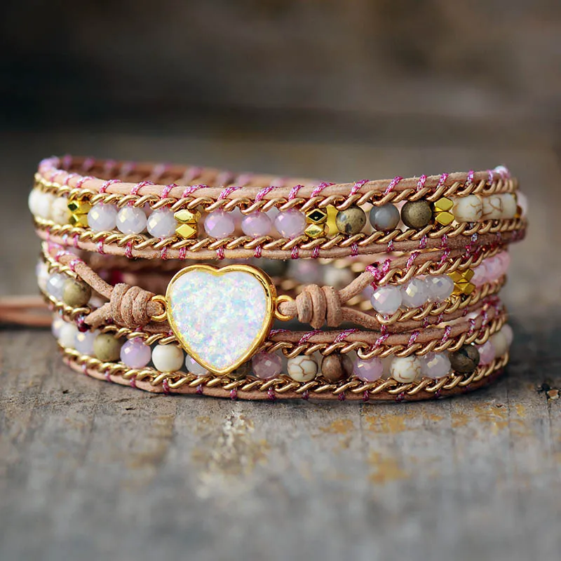 Fancy 3 Strand Heart Shape Leather Wrap Bracelet Spiritual Natural Stone Crystal Weaving Cuff Bracelet Teengirls Jewelry