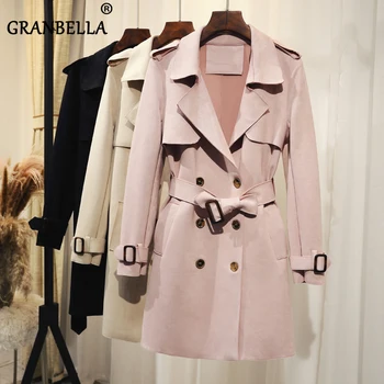 

Stock Women's Classic Double Breasted Coat Trench High Quality Vintage Woman Midi Length Slim Cloak Windbreaker Overcoat