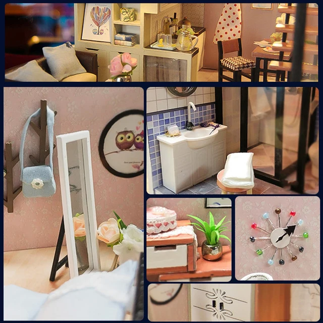 Cutebee DIY DollHouse Kit Wooden Doll Houses Miniature Dollhouse Furniture Kit with LED Toys for Children Christmas Gift TD16 4