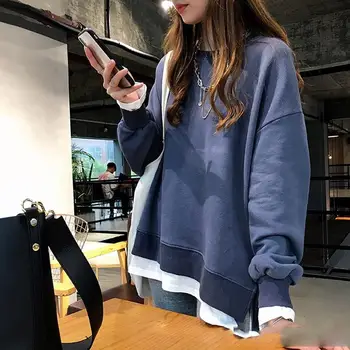

4Xl Casual Loose Fake Two Piece Hoodies Women O-Neck Patchwork Pullovers Split Long Sleeve Plus Size Sweatshirt