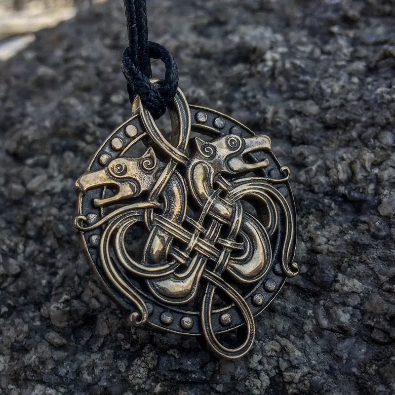 

Hot Sell Europe Viking Double Wolf Head Pendant Necklace Antique Bronze Punk Style Rope Chain Men Jewelry Necklace