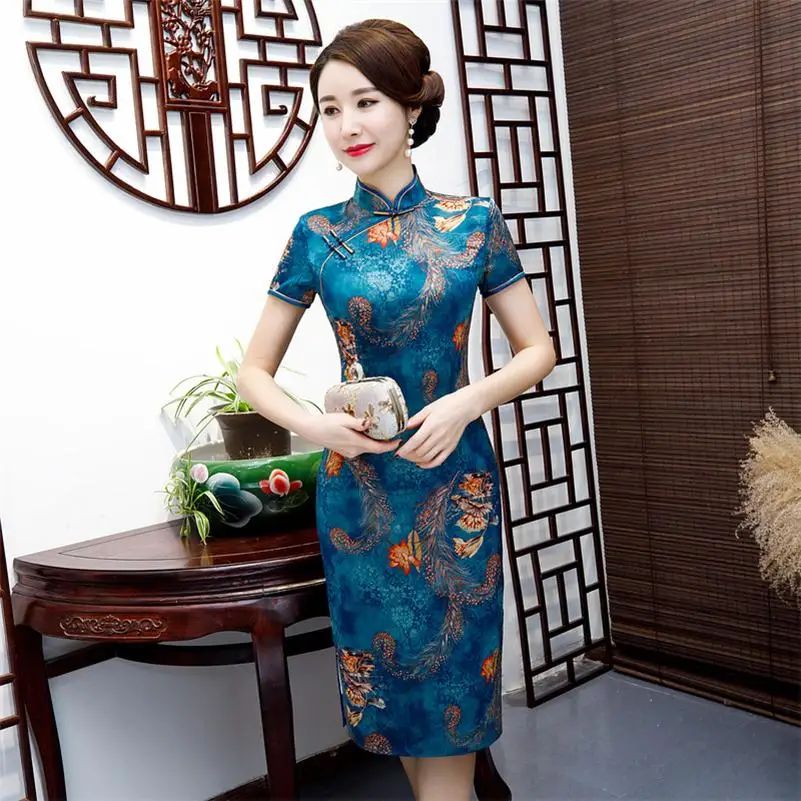 Иллюзия молния китайский классический принт цветок Qipao женский элегантный Cheongsam воротник стойка тонкое платье M-4XL