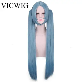 

VICWIG 32Inch Anime Cosplay Wig Blue Long Straight Hair Middle Part Synthetic Wigs For Women